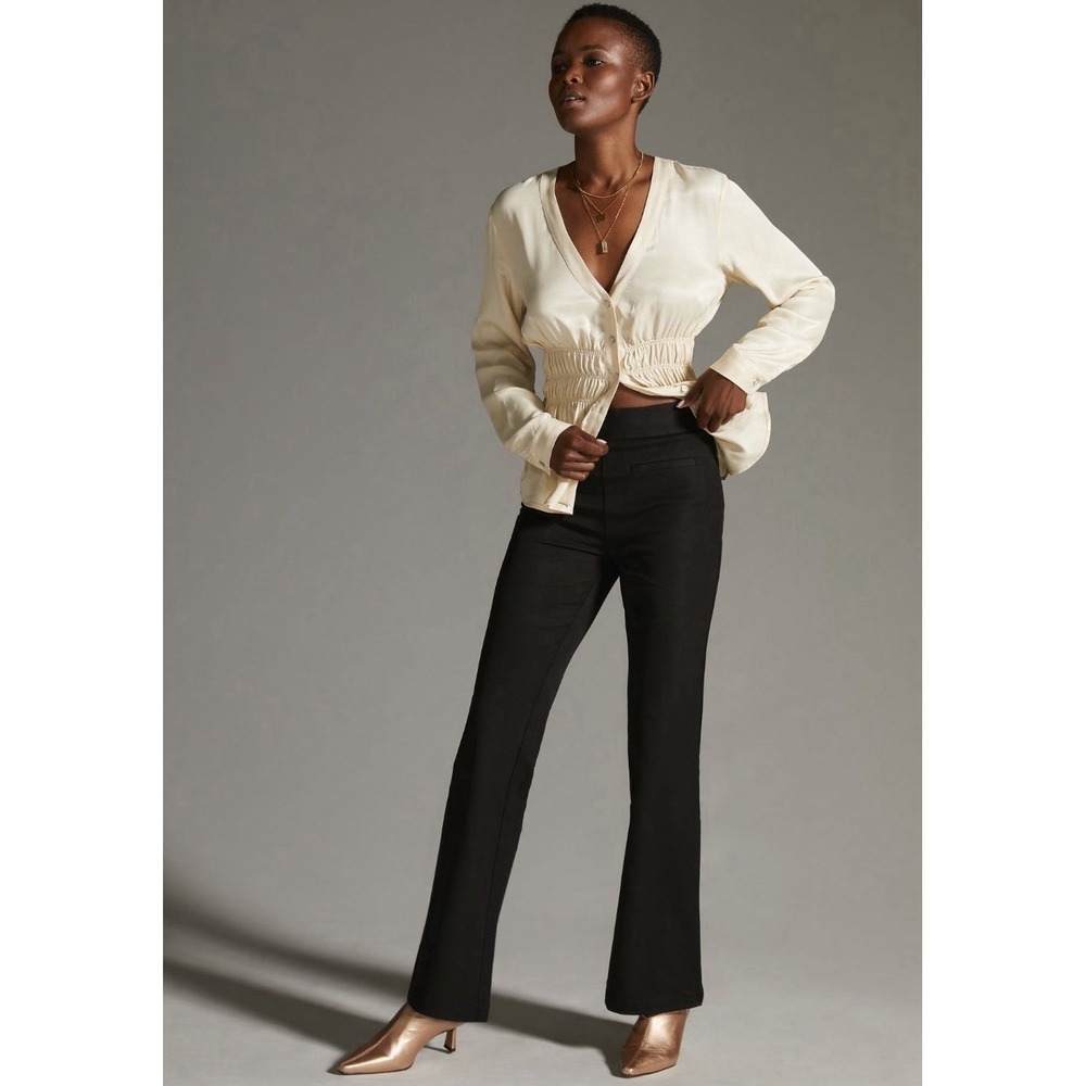 Anthropologie Maeve Slim Flare Pants‎ Stretch Black Size 12 Bootcut Cotton Blend